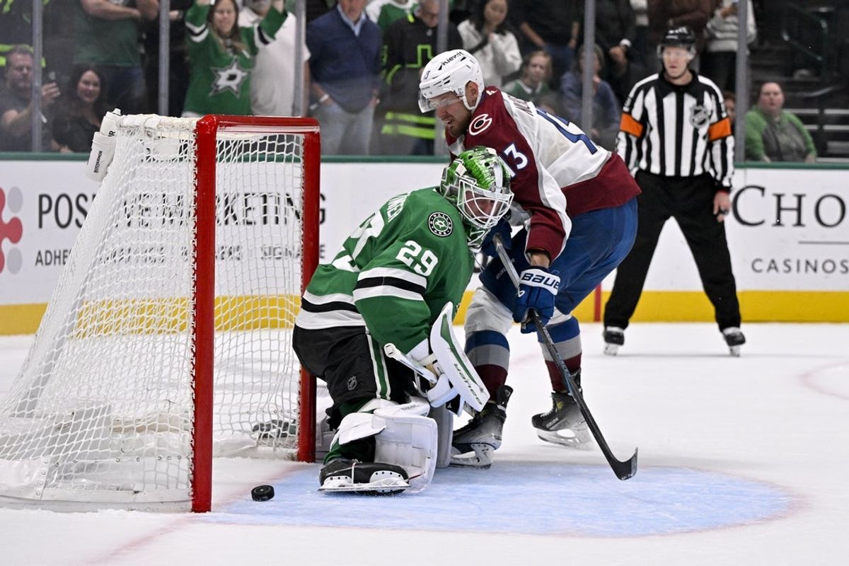 Mar 6, 2026; Dallas, Texas, USA; Colorado Avalanche right wing Valeri Nichushkin (13) scores a goal against Dallas Stars goaltender Jake Oettinger (29) during the overtime shootout period at the American Airlines Center. Mandatory Credit: Jerome Miron-Imagn Images