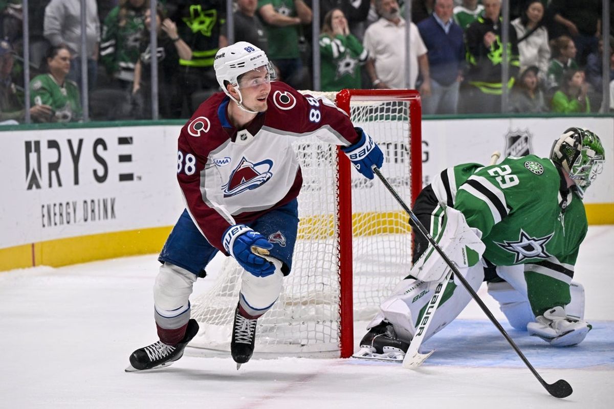 Mar 6, 2026; Dallas, Texas, USA; Colorado Avalanche center Martin Necas (88) celebrates after he scores the game winning goal against Dallas Stars goaltender Jake Oettinger (29) during the overtime shootout period at the American Airlines Center. Mandatory Credit: Jerome Miron-Imagn Images