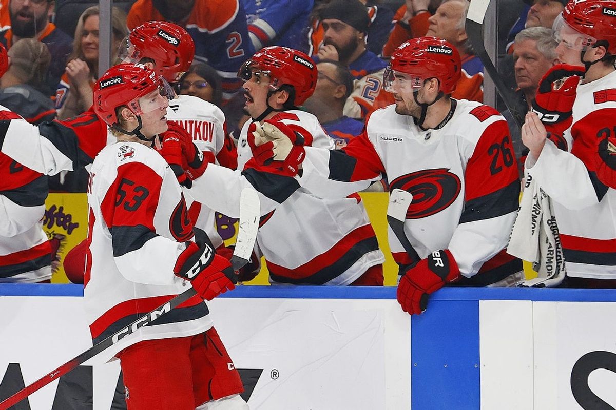 Mar 6, 2026; Edmonton, Alberta, CAN; The Carolina Hurricanes celebrate a goal scored by forward Jackson Blake (53) during the third period against the Edmonton Oilers at Rogers Place. Mandatory Credit: Perry Nelson-Imagn Images