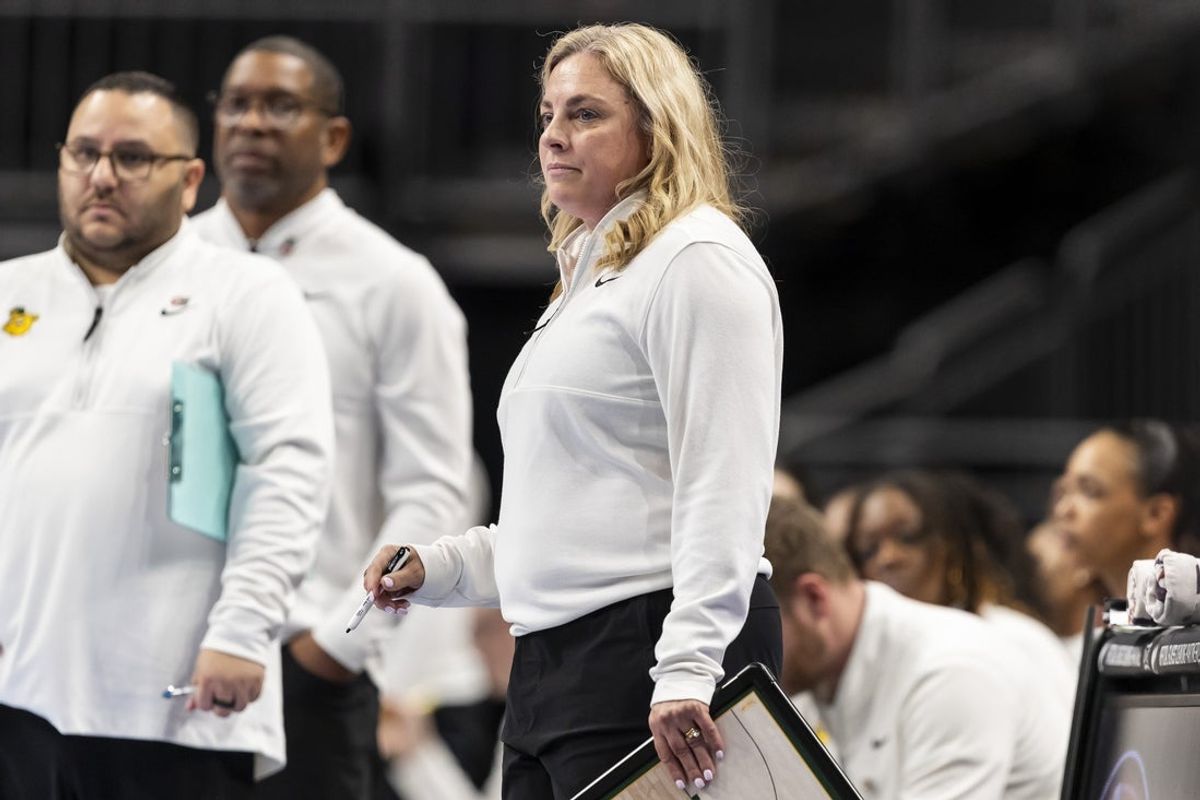 Mar 6, 2026; Kansas City, MO, USA; Baylor Bears head coach Nicki Collen watches the run of play against the Colorado Buffaloes during the second half at T-Mobile Center. Mandatory Credit: Nick Tre. Smith-Imagn Images