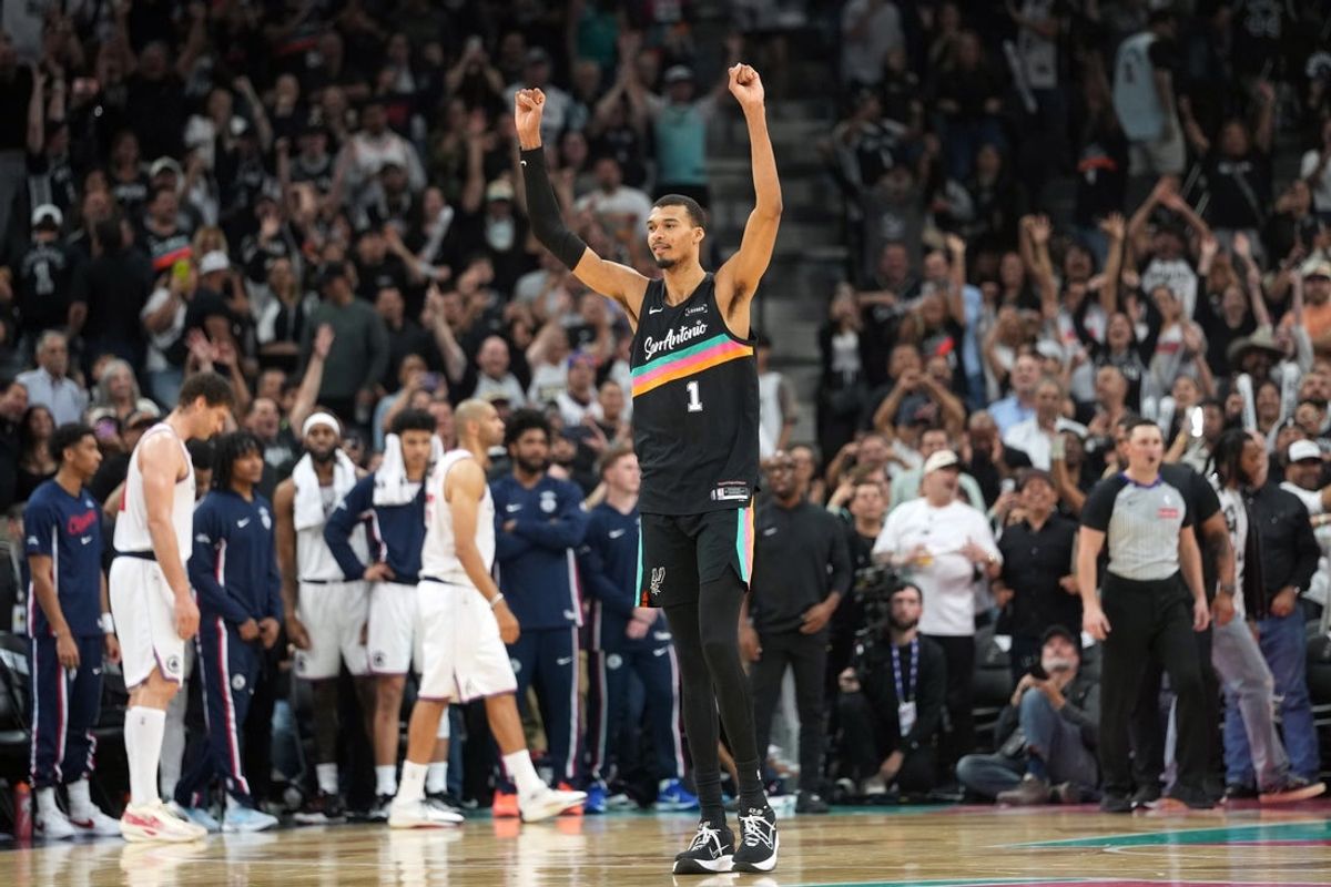 Mar 6, 2026; San Antonio, Texas, USA; San Antonio Spurs forward Victor Wembanyama (1) reacts after securing a comeback victory over the Los Angeles Clippers at Frost Bank Center. Mandatory Credit: Scott Wachter-Imagn Images