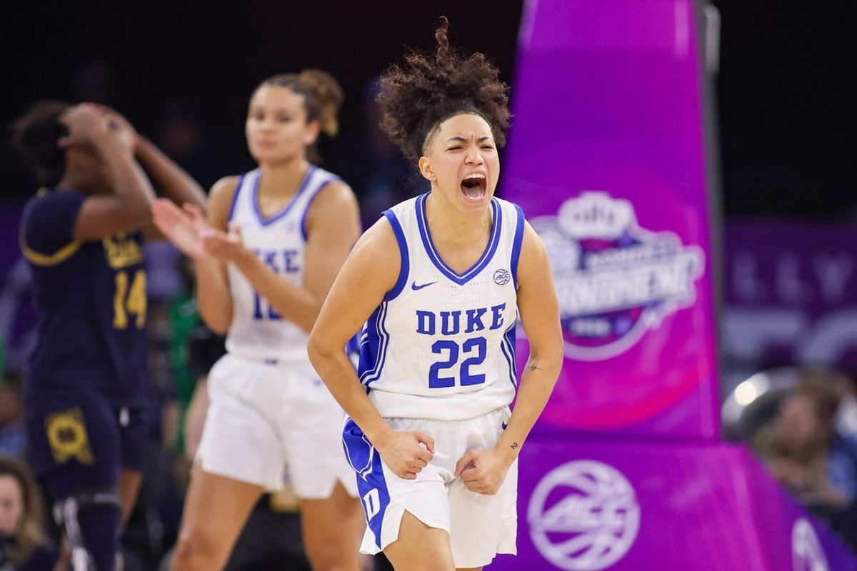 Mar 7, 2026; Duluth, GA, USA; Duke Blue Devils guard Taina Mair (22) celebrates after a victory over the Notre Dame Fighting Irish at Gas South Arena. Mandatory Credit: Brett Davis-Imagn Images