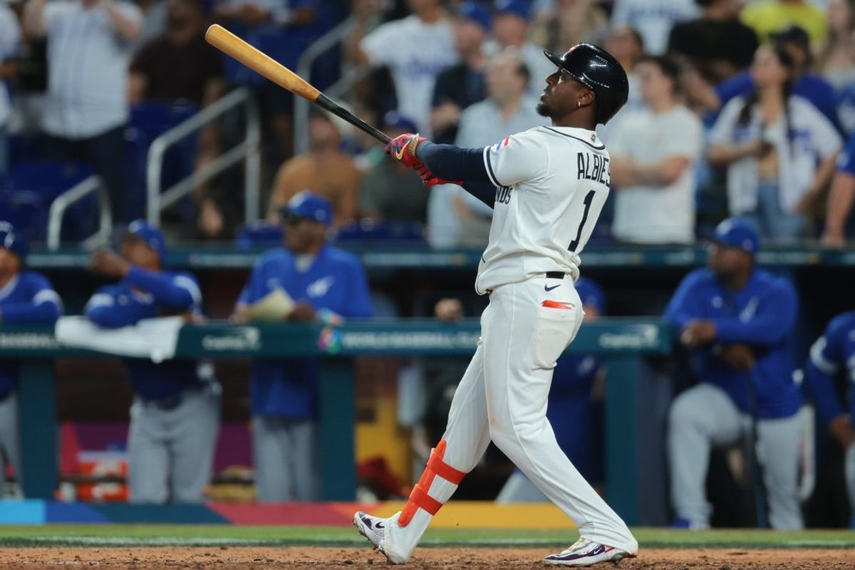 Mar 7, 2026; Miami, FL, United States; Netherlands second baseman Ozzie Albies (1) hits a three-run home run against Nicaragua during the ninth inning at loanDepot Park. Mandatory Credit: Sam Navarro-Imagn Images