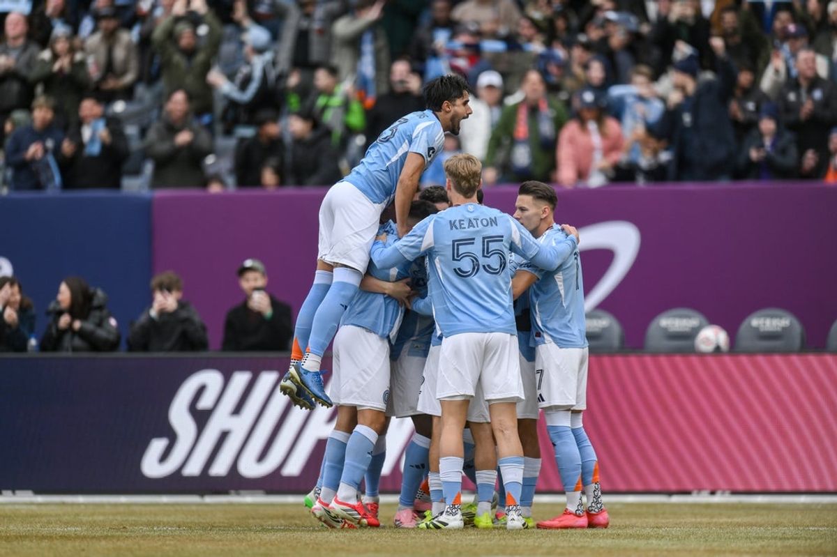 Mar 7, 2026; New York, New York, USA; New York City forward Agustín Ojeda (26) celebrates with teammates after scoring a goal against Orlando City during the first half at Yankee Stadium. Mandatory Credit: John Jones-Imagn Images