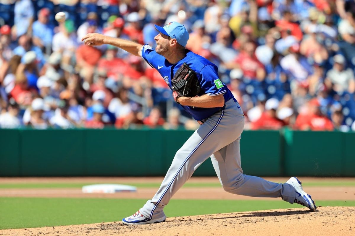 Mar 7, 2026; Clearwater, Florida, USA;  Toronto Blue Jays staring pitcher Max Scherzer (31) throws a pitch during the fourth inning against the Philadelphia Phillies at BayCare Ballpark. Mandatory Credit: Kim Klement Neitzel-Imagn Images