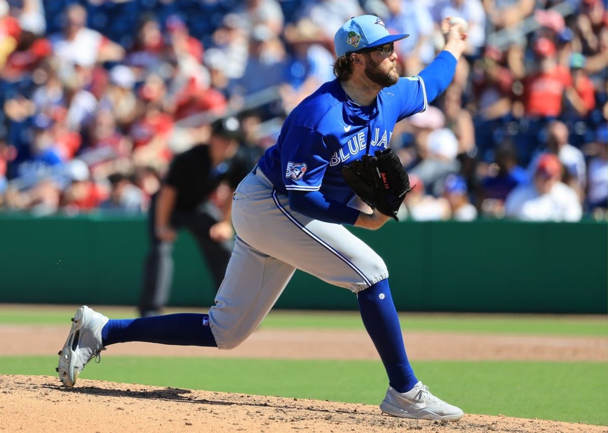 Mar 7, 2026; Clearwater, Florida, USA;  Toronto Blue Jays pitcher Josh Fleming (35) throws a pitch during the sixth inning against the Philadelphia Phillies at BayCare Ballpark. Mandatory Credit: Kim Klement Neitzel-Imagn Images
