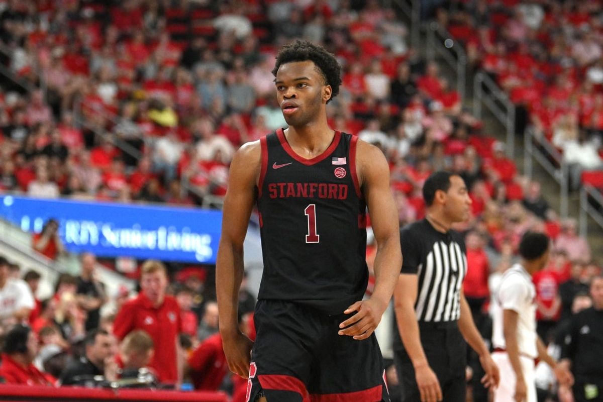 Mar 7, 2026; Raleigh, North Carolina, USA;  Stanford Cardinal guard Ebuka Okorie (1) reacts after scoring against the NC State Wolfpack during the first half at Lenovo Center. Mandatory Credit: Zachary Taft-Imagn Images