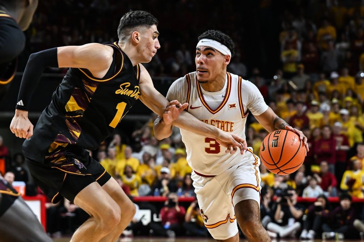 Mar 7, 2026; Ames, Iowa, USA; Iowa State Cyclones guard Tamin Lipsey (3) goes to the basket as Arizona State Sun Devils forward Andrija Grbovic (14) defends during the first half at James H. Hilton Coliseum. Mandatory Credit: Jeffrey Becker-Imagn Images
