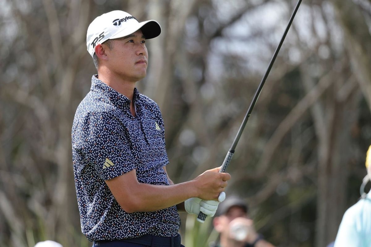 Mar 7, 2026; Orlando, Florida, USA;  Collin Morikawa plays his shot from the third tee during the third round of the Arnold Palmer Invitational golf tournament. Mandatory Credit: Reinhold Matay-Imagn Images