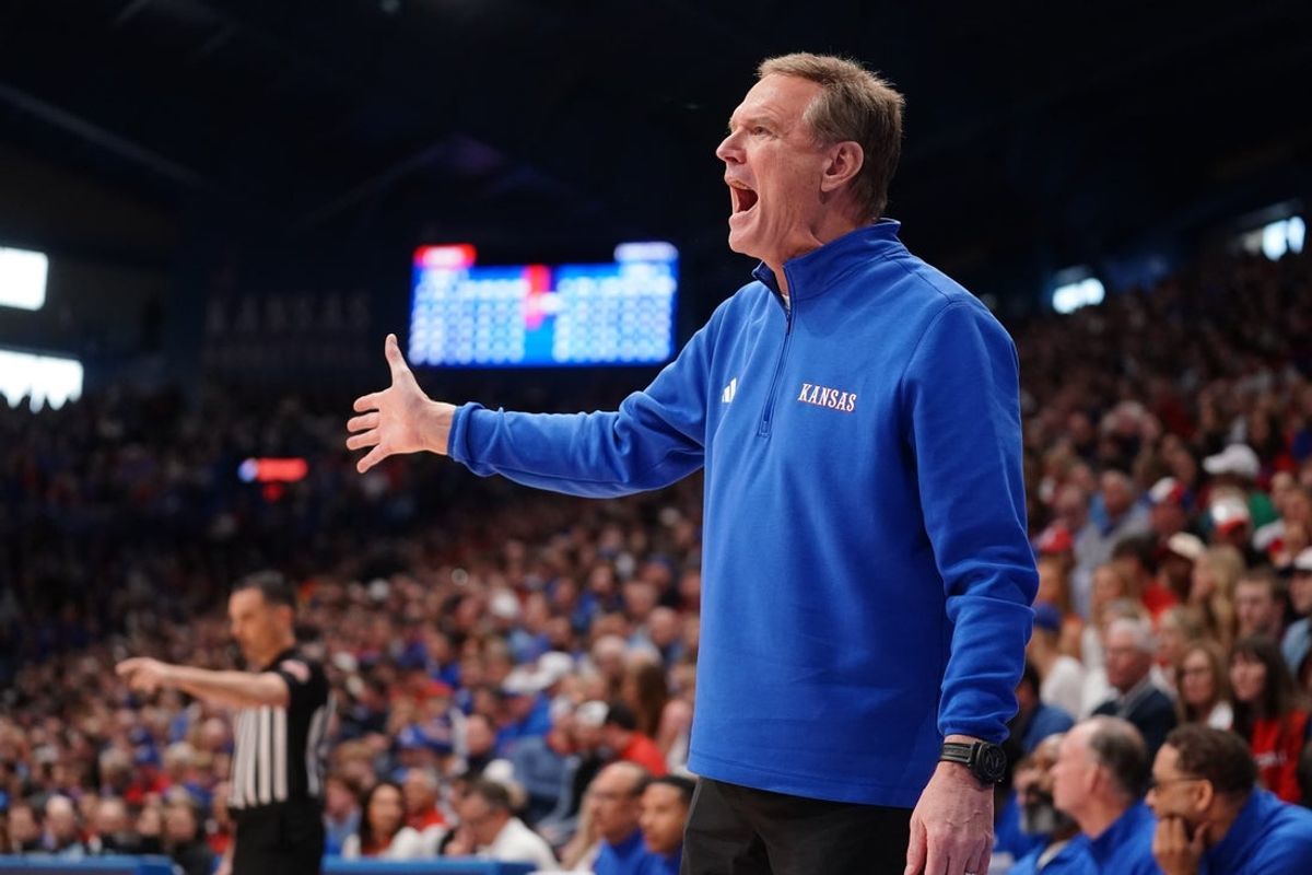 Kansas Jayhawks head coach Bill Self yells out during the Sunflower Showdown game inside Allen Fieldhouse in Lawrence, Kansas, on Saturday, March 7, 2026.