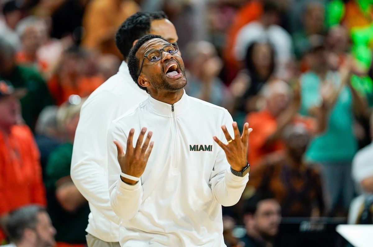 Mar 7, 2026; Coral Gables, Florida, USA; Miami Hurricanes head coach Jai Lucas reacts in a game against the Louisville Cardinals during the second half at Watsco Center. Mandatory Credit: Jeff Romance-Imagn Images