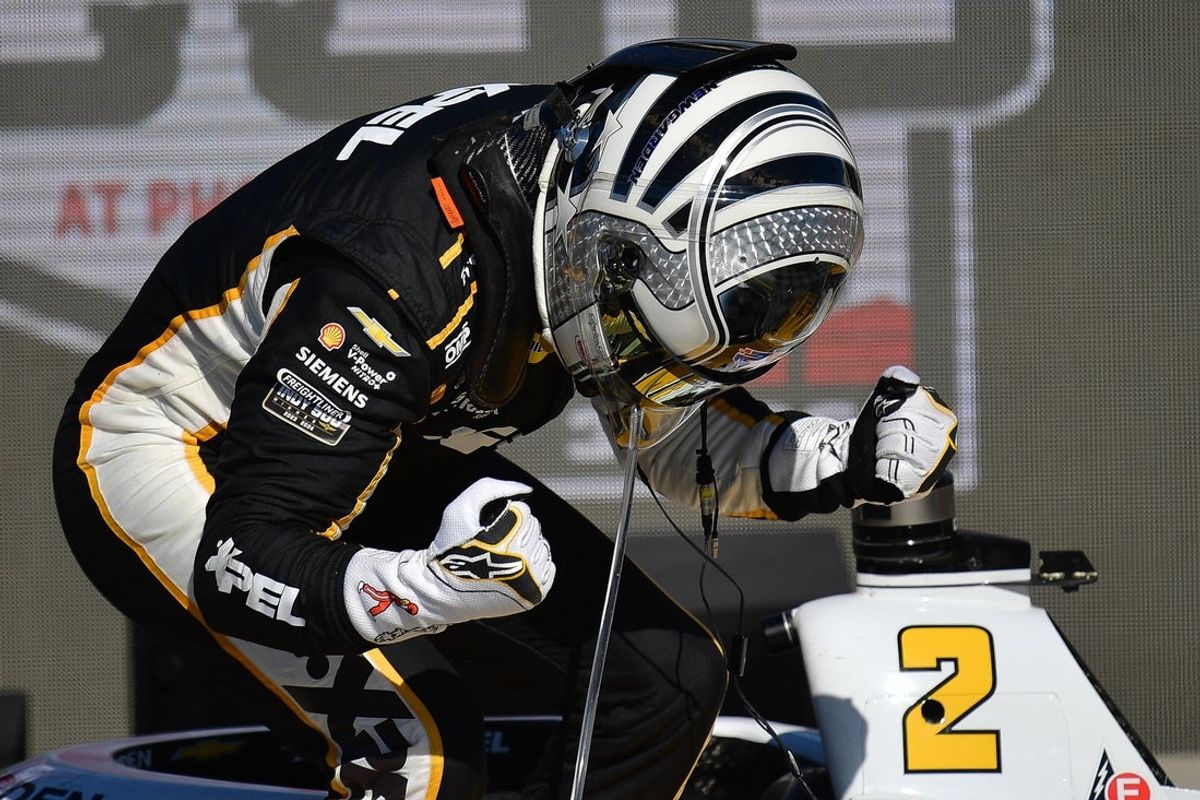 Mar 7, 2026; Avondale, Arizona, USA; Team Penske Josef Newgarden (2) celebrates his victory of the Good Ranchers 250 at Phoenix Raceway. Mandatory Credit: Gary A. Vasquez-Imagn Images