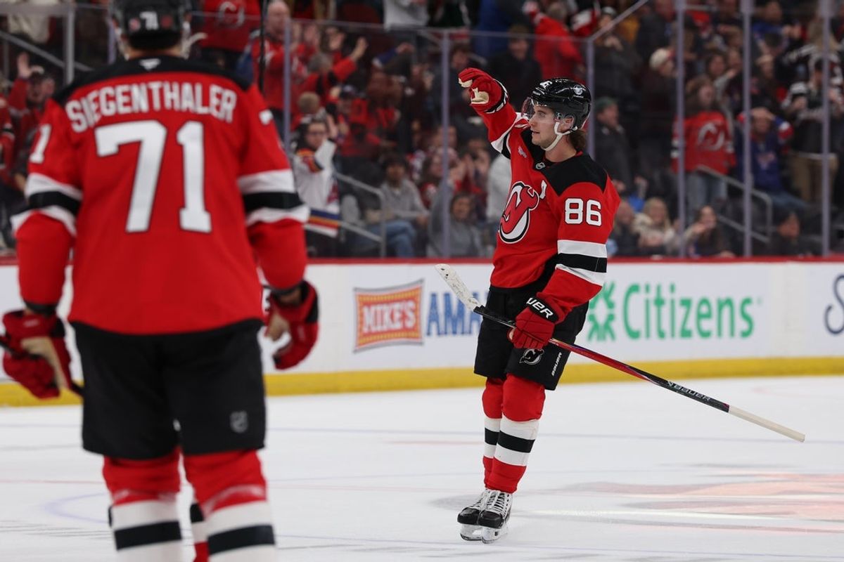 Mar 7, 2026; Newark, New Jersey, USA; New Jersey Devils center Jack Hughes (86) celebrates his power play goal against the New York Rangers during the second period at Prudential Center. Mandatory Credit: Thomas Salus-Imagn Images