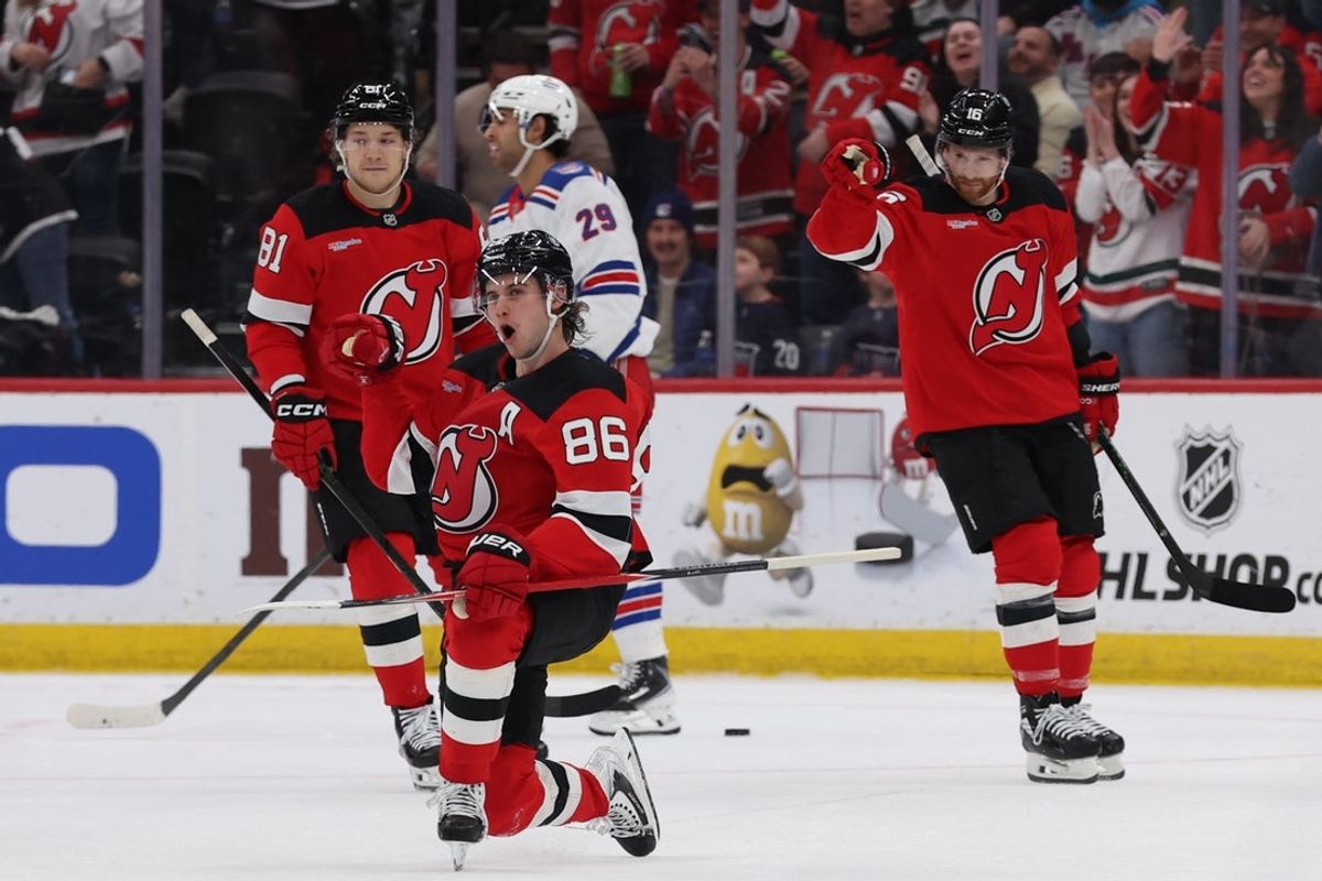 Mar 7, 2026; Newark, New Jersey, USA; New Jersey Devils center Jack Hughes (86) celebrates his goal against the New York Rangers during the third period at Prudential Center. Mandatory Credit: Thomas Salus-Imagn Images