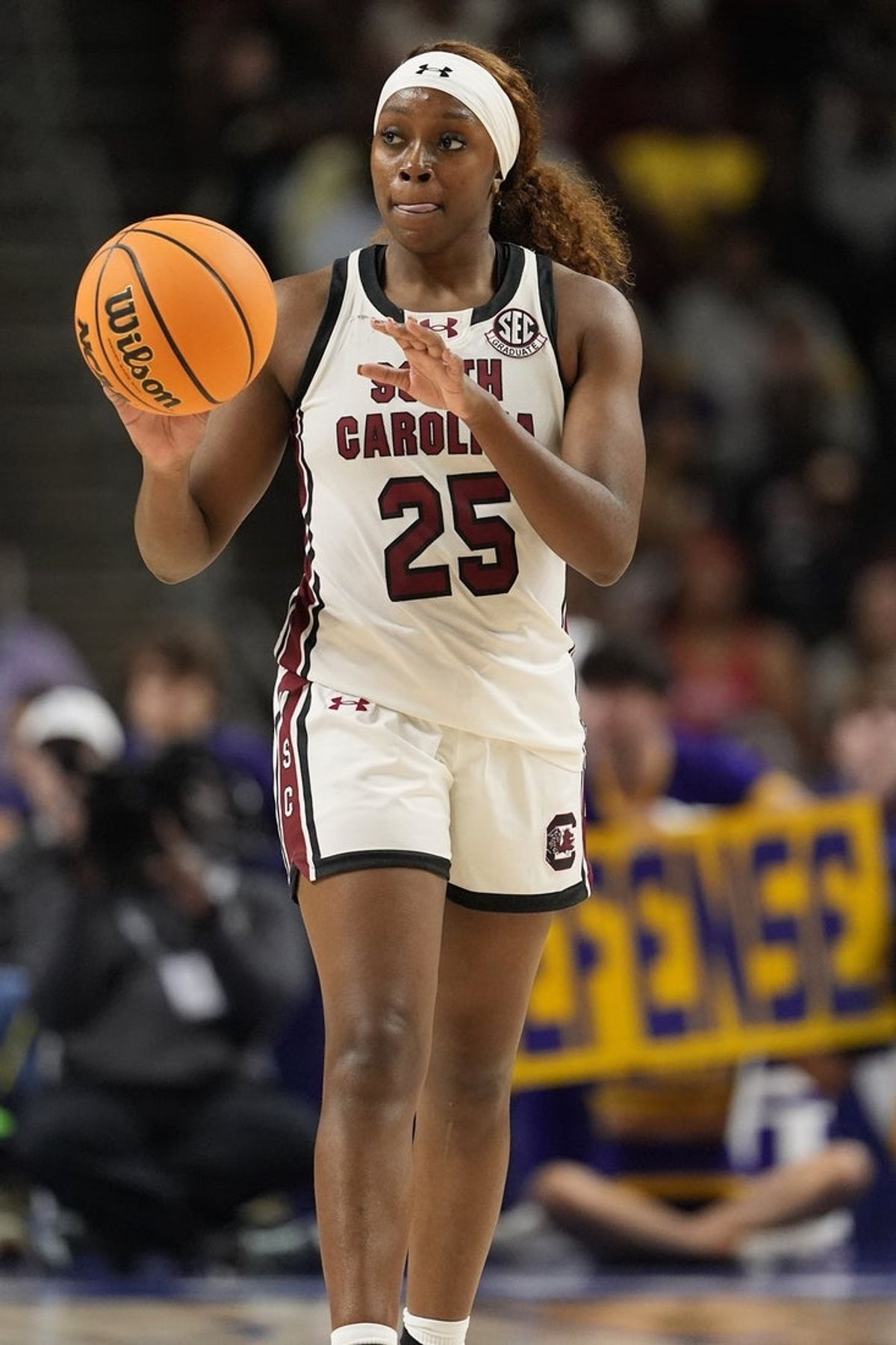 Mar 7, 2026; Greenville, SC, USA; South Carolina Gamecocks guard Raven Johnson (25) brings the ball up court against the Louisiana State Tigers during the second half at Bon Secours Wellness Arena. Mandatory Credit: Jim Dedmon-Imagn Images