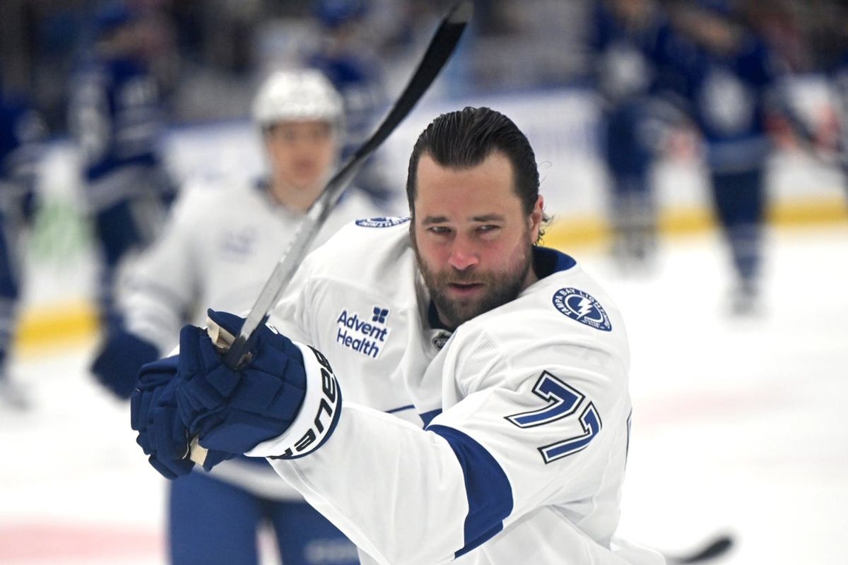 Mar 7, 2026; Toronto, Ontario, CAN;   Tampa Bay Lightning defenseman Victor Hedman (77) warms up before playing the Toronto Maple Leafs at Scotiabank Arena. Mandatory Credit: Dan Hamilton-Imagn Images