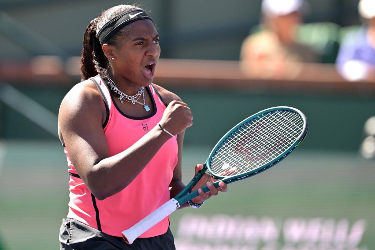 Mar 7, 2026; Indian Wells, CA, USA;  Hailey Baptiste (USA) reacts after winning the second set during her second round match against Elena Rybakina (KAZ) in the BNP Paribas Open at the Indian Wells Tennis Garden. Mandatory Credit: Jayne Kamin-Oncea-Imagn Images