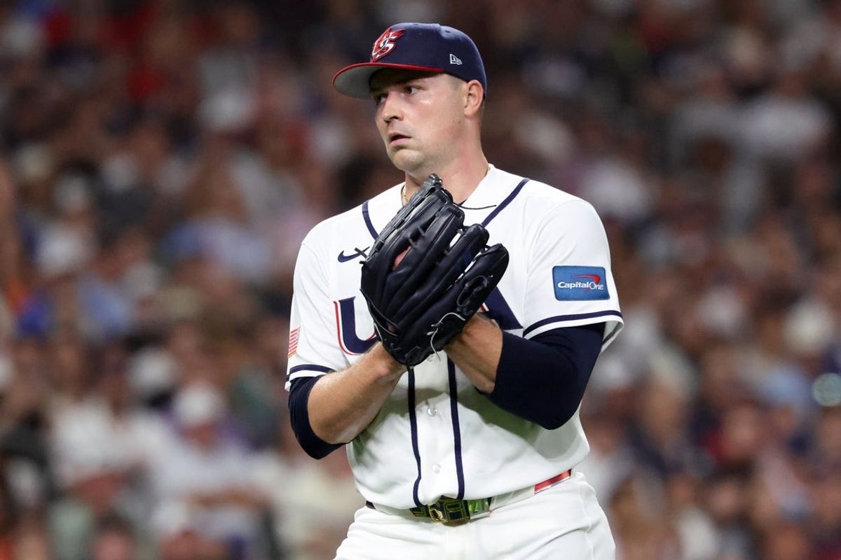 Mar 7, 2026; Houston, TX, United States; United States pitcher Tarik Skubal (27) reacts to an out against Great Britain during the first inning at Daikin Park. Mandatory Credit: Troy Taormina-Imagn Images