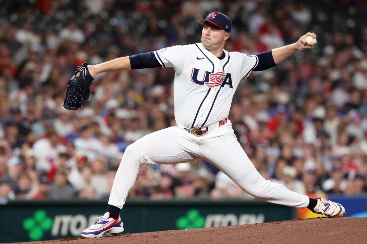 Mar 7, 2026; Houston, TX, United States; United States pitcher Tarik Skubal (27) throws a pitch against Great Britain during the first inning at Daikin Park. Mandatory Credit: Troy Taormina-Imagn Images