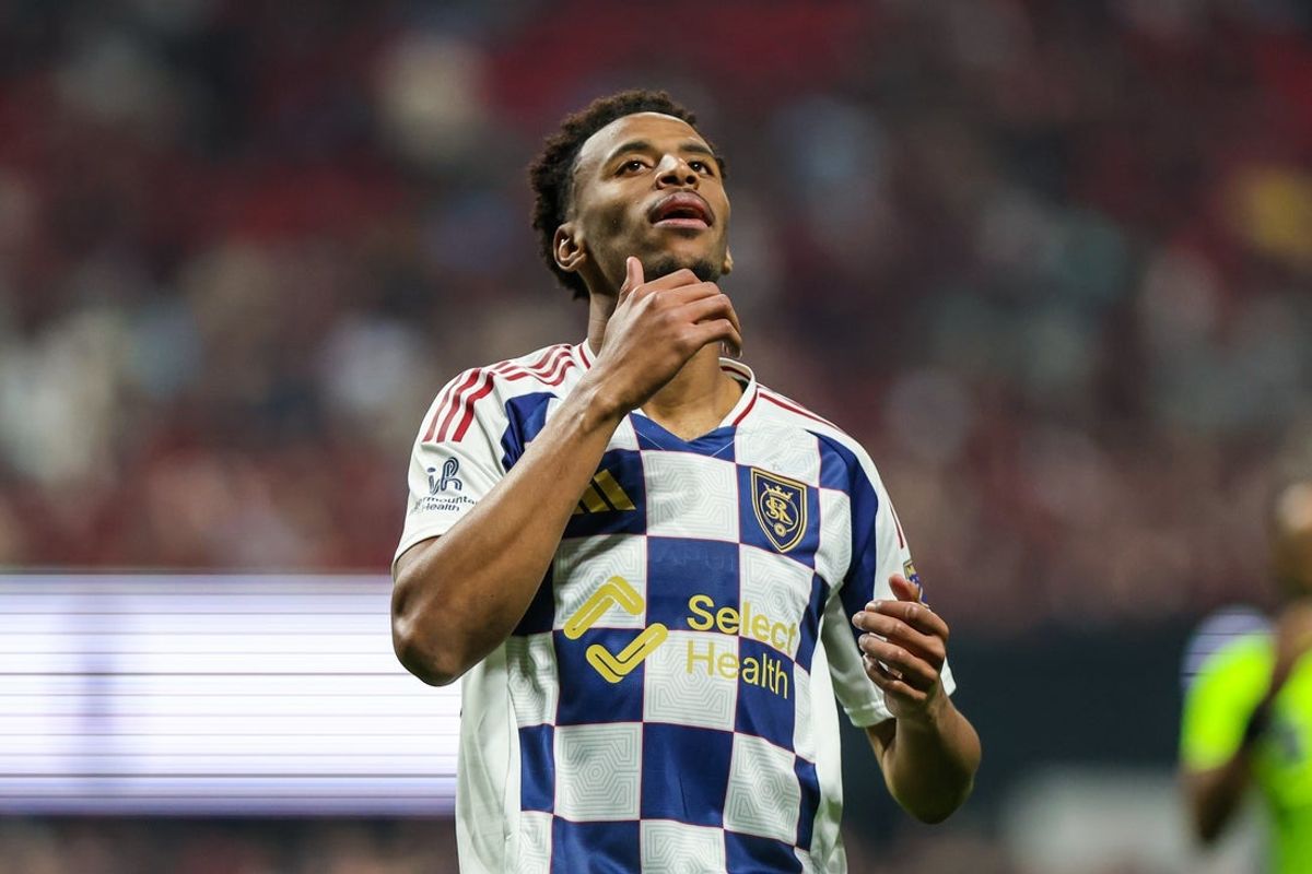 Mar 7, 2026; Atlanta, Georgia, USA; Real Salt Lake forward Morgan Guilavogui (9) reacts to a missed goal attempt during the game against Atlanta United during the first half at Mercedes-Benz Stadium. Mandatory Credit: Jordan Godfree-Imagn Images