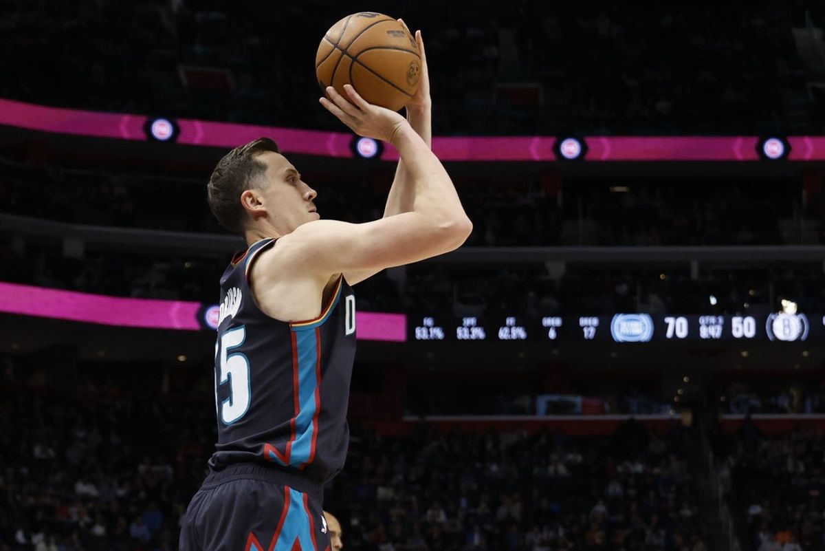 Mar 7, 2026; Detroit, Michigan, USA;  Detroit Pistons forward Duncan Robinson (55) shoots in the second half against the Brooklyn Nets at Little Caesars Arena. Mandatory Credit: Rick Osentoski-Imagn Images
