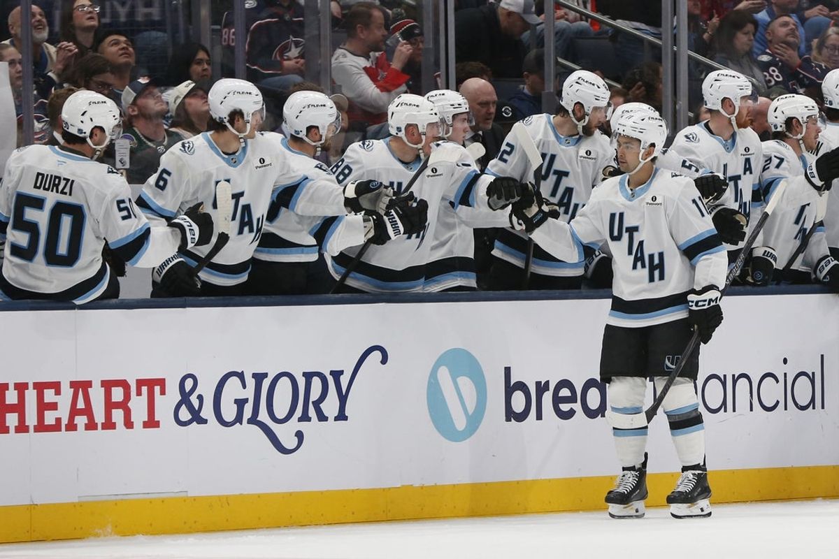 Mar 7, 2026; Columbus, Ohio, USA; Utah Mammoth right wing Dylan Guenther (11) celebrates his goal against the Columbus Blue Jackets during the second period at Nationwide Arena. Mandatory Credit: Russell LaBounty-Imagn Images