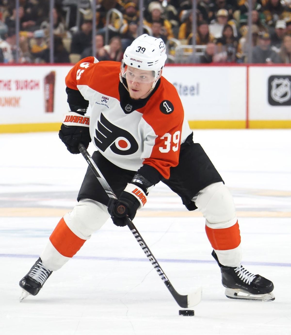Mar 7, 2026; Pittsburgh, Pennsylvania, USA;  Philadelphia Flyers right wing Matvei Michkov (39) handles the puck against the Pittsburgh Penguins during the third period at PPG Paints Arena. Mandatory Credit: Charles LeClaire-Imagn Images