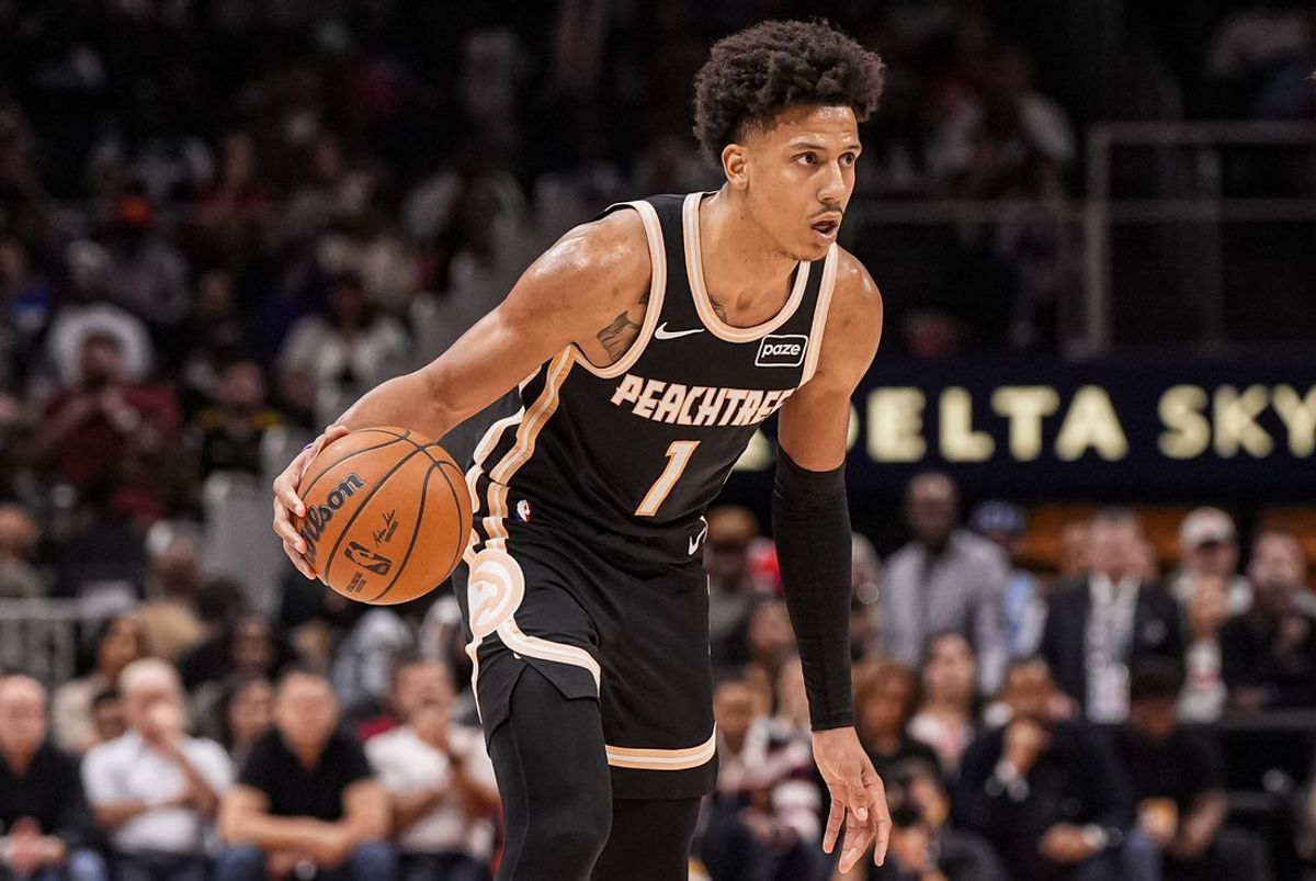 Mar 7, 2026; Atlanta, Georgia, USA; Atlanta Hawks forward Jalen Johnson (1) controls the ball against the Philadelphia 76ers during the second half at State Farm Arena. Mandatory Credit: Dale Zanine-Imagn Images
