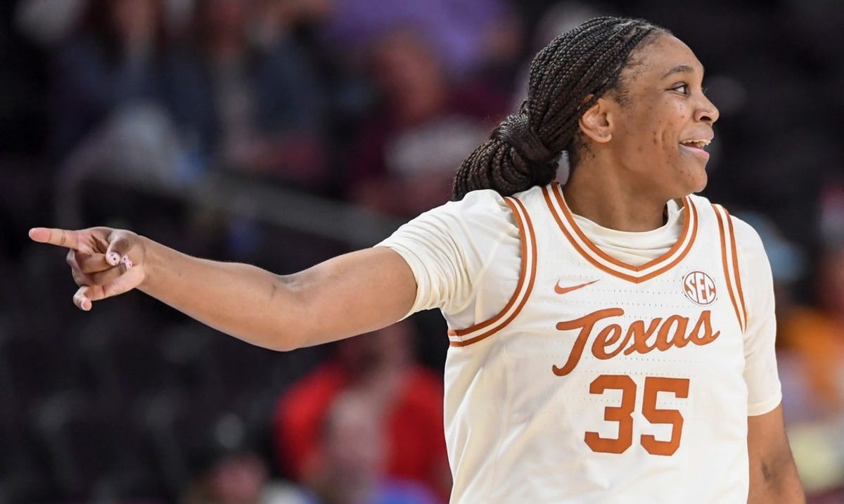 Texas Longhorns forward Madison Booker (35) reacts after scoring Saturday, March 7, 2026, during the SEC Women's Basketball Tournament semifinals game against the Ole Miss Rebels at Bon Secours Wellness Arena in Greenville, South Carolina. Texas Longhorns won 85-68.