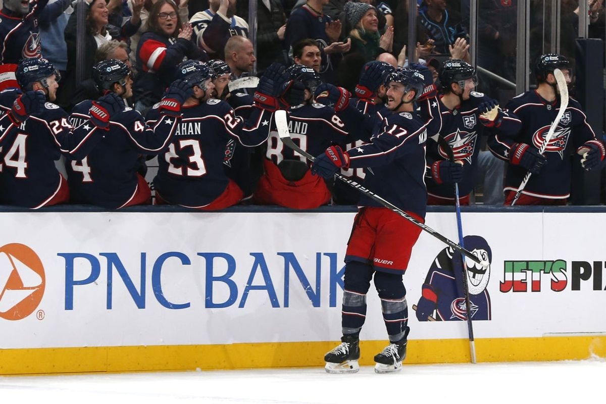 Mar 7, 2026; Columbus, Ohio, USA; Columbus Blue Jackets left wing Mason Marchment (17) celebrates his goal against the Utah Mammoth during the third period at Nationwide Arena. Mandatory Credit: Russell LaBounty-Imagn Images