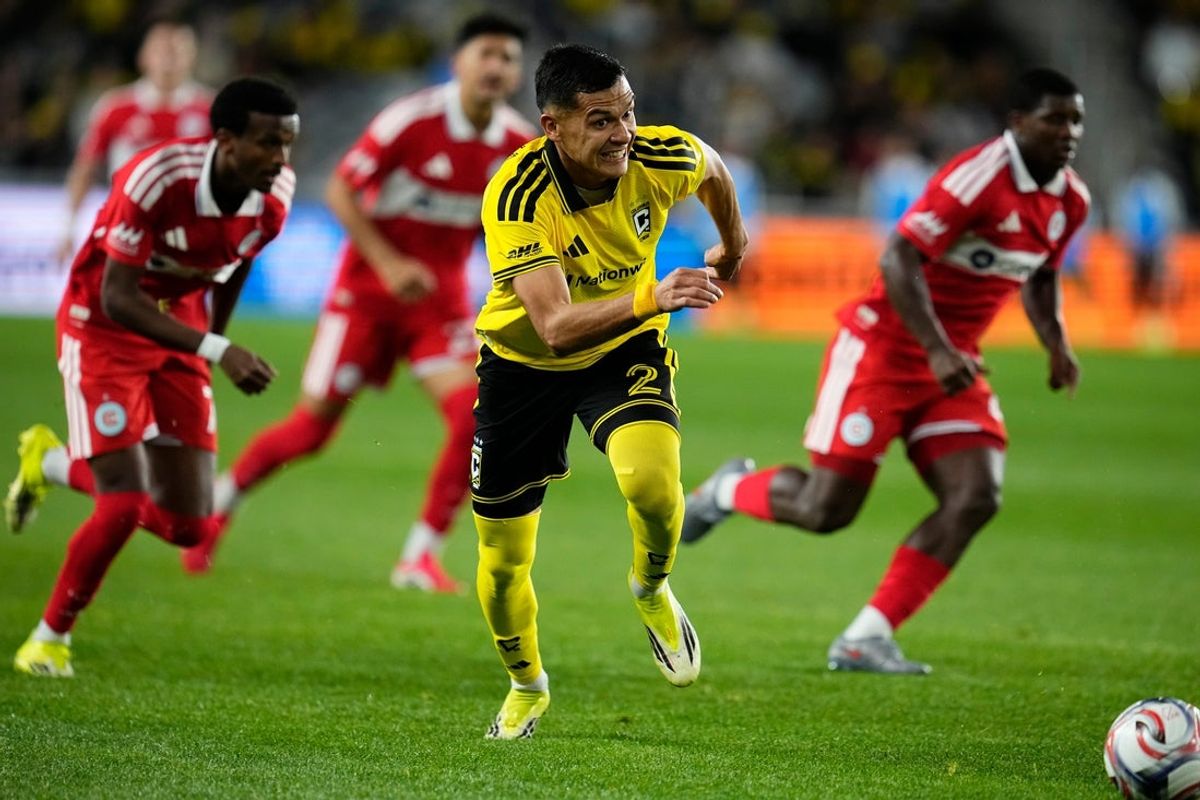 Columbus Crew defender Marcelo Herrera (2) chases down the ball during the second half of the MLS match against the Chicago Fire at ScottsMiracle-Gro Field in Columbus on March 7, 2026. The teams tied 0-0.