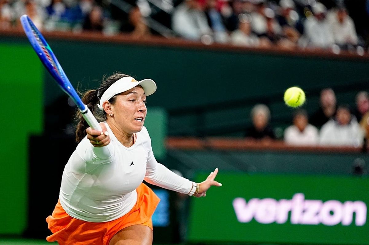 Jessica Pegula returns to Donna Vekic during her second-round win on Stadium 1 at the BNP Paribas Open in Indian Wells, Calif., Saturday, March 7, 2026.