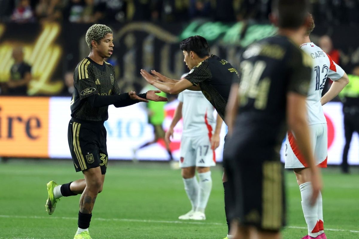 Mar 7, 2026; Los Angeles, California, USA;   LAFC forward David Martinez (left) celebrates with forward Son Heung-Min (middle) after scoring a goal during the second half against FC Dallas at BMO Stadium. Mandatory Credit: Kiyoshi Mio-Imagn Images