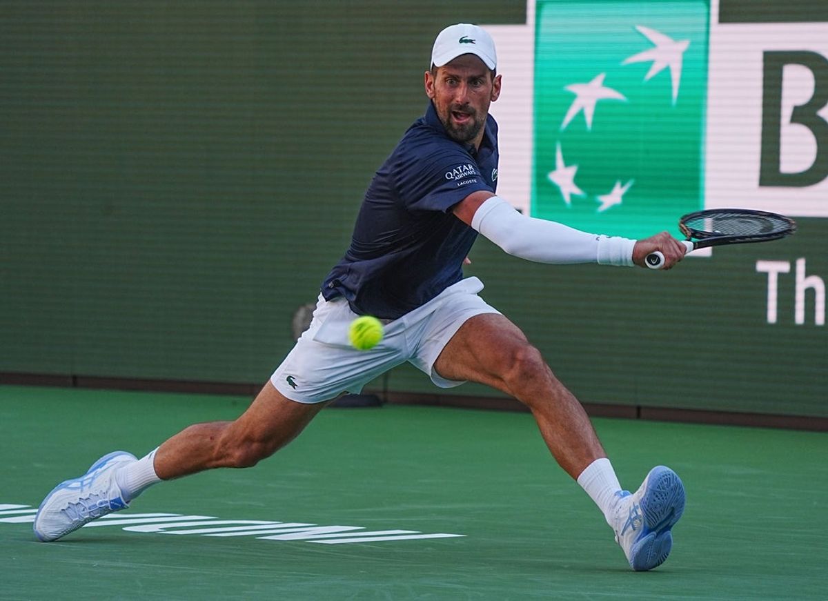 Novak Djokovic reaches for a shot during his win against Kamil Majchrzak at the BNP Paribas Open in Indian Wells, Calif., March 7, 2026.