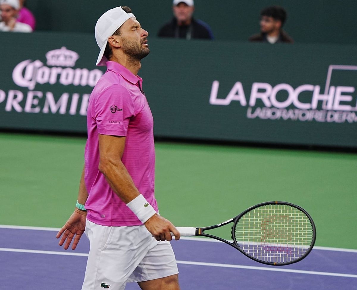 Grigor Dimitrov is visibly frustrated during his loss to Carlos Alcaraz at the BNP Paribas Open in Indian Wells, Calif., March 7, 2026.