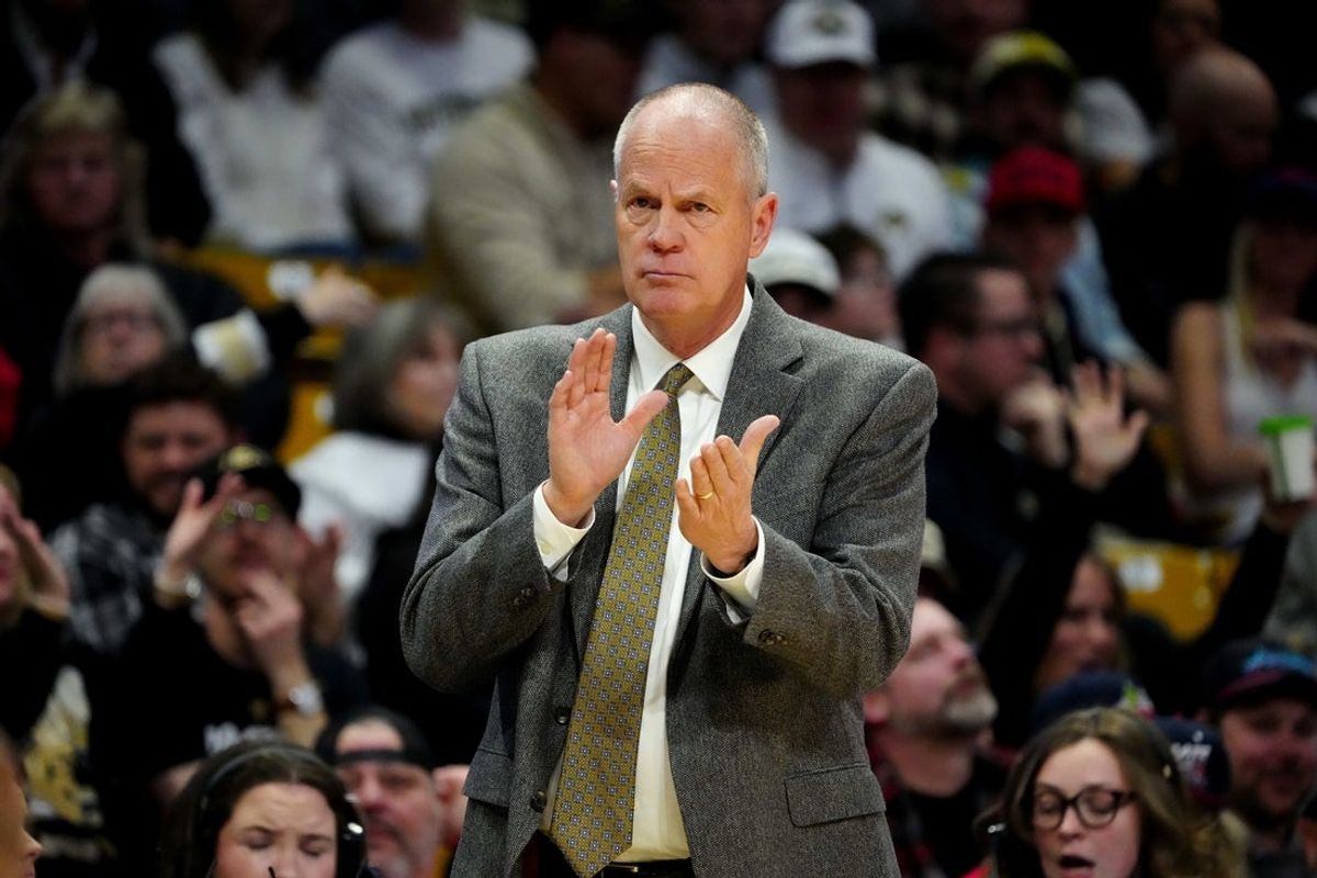 Mar 7, 2026; Boulder, Colorado, USA; Colorado Buffaloes head coach Tad Boyle reacts in the first half against the Arizona Wildcats at the CU Events Center. Mandatory Credit: Ron Chenoy-Imagn Images