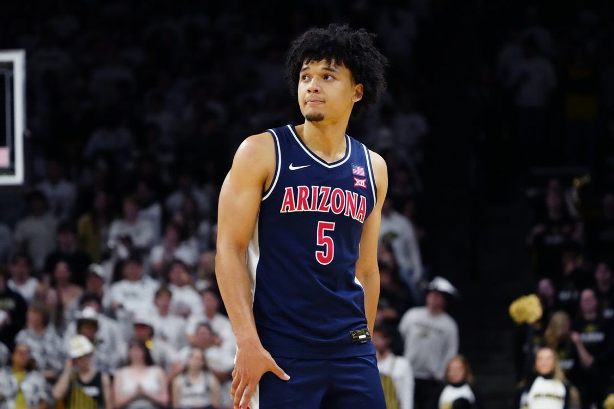 Mar 7, 2026; Boulder, Colorado, USA; Arizona Wildcats guard Brayden Burries (5) during the second half against the Colorado Buffaloes at the CU Events Center. Mandatory Credit: Ron Chenoy-Imagn Images