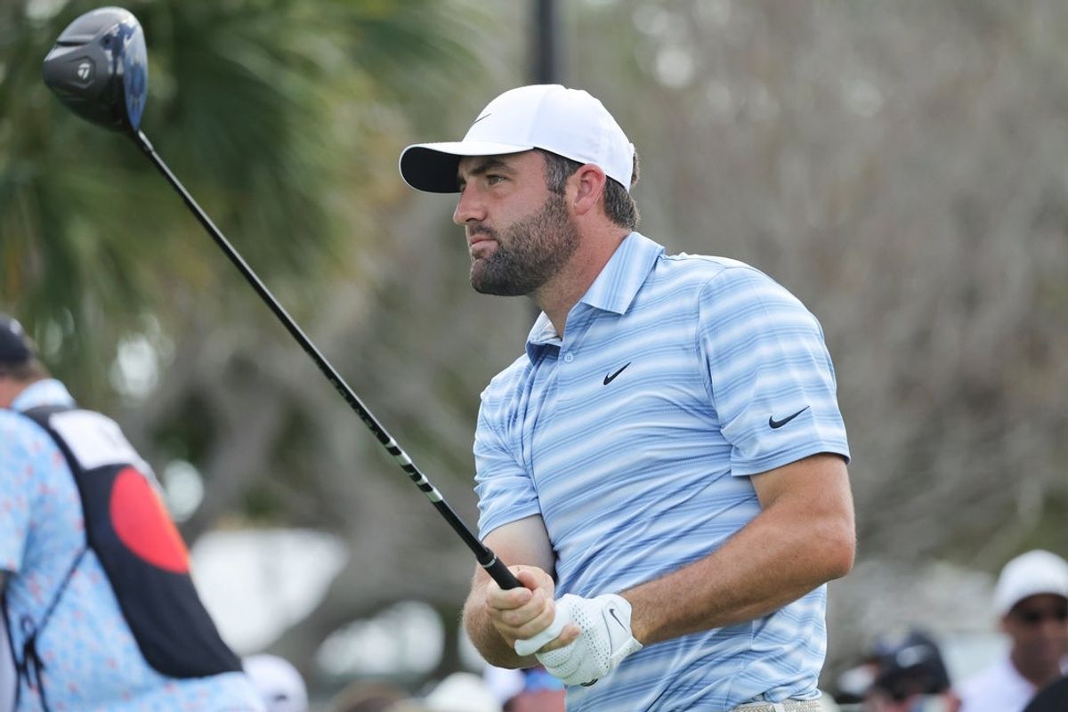 Mar 8, 2026; Orlando, Florida, USA;  Scottie Scheffler plays his shot from the 10th tee during the final round of the Arnold Palmer Invitational golf tournament. Mandatory Credit: Reinhold Matay-Imagn Images