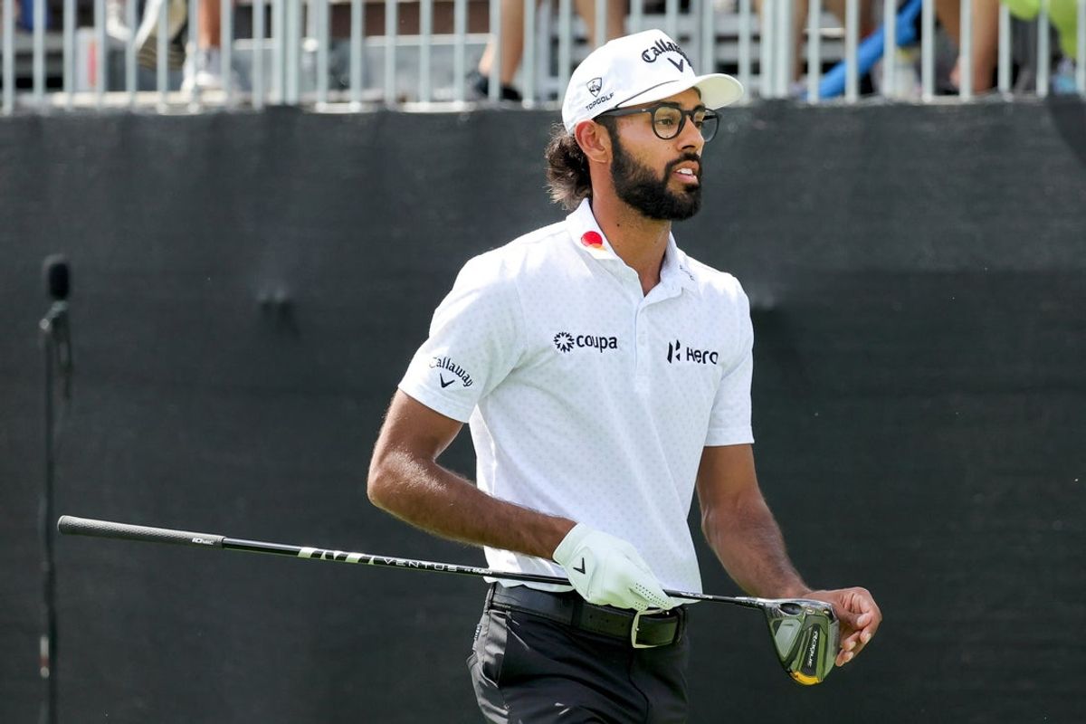 Mar 8, 2026; Orlando, Florida, USA;  Akshay Bhatia walks off of the first tee during the final round of the Arnold Palmer Invitational golf tournament. Mandatory Credit: Reinhold Matay-Imagn Images