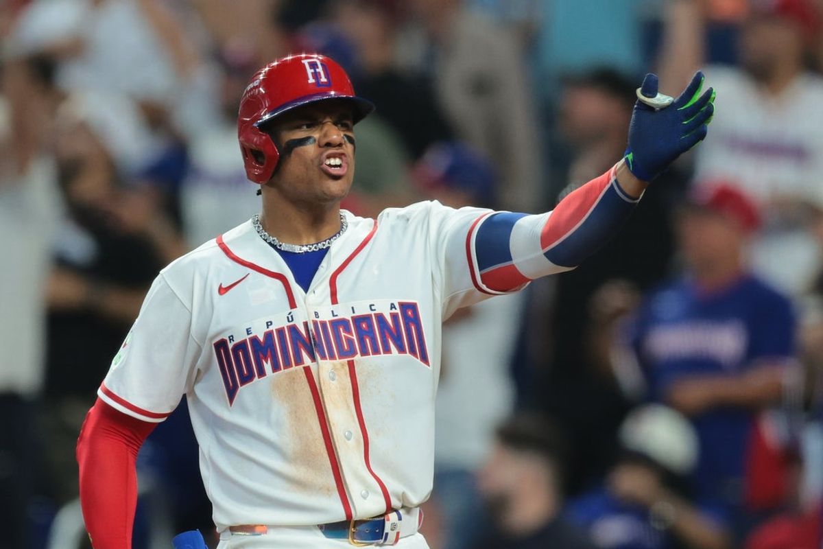 Mar 8, 2026; Miami, FL, United States; Dominican Republic left fielder Juan Soto (22) reacts after hitting a two-run home run to win the game via mercy rule against the Netherlands during the seventh inning at loanDepot Park. Mandatory Credit: Sam Navarro-Imagn Images