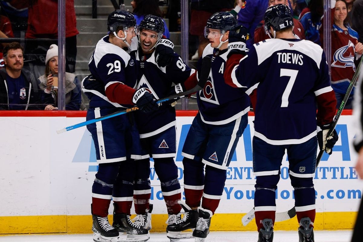 Mar 8, 2026; Denver, Colorado, USA; Colorado Avalanche center Nathan MacKinnon (29) celebrates his goal with left wing Nazem Kadri (91) and defenseman Cale Makar (8) and defenseman Devon Toews (7) in the second period against the Minnesota Wild at Ball Arena. Mandatory Credit: Isaiah J. Downing-Imagn Images