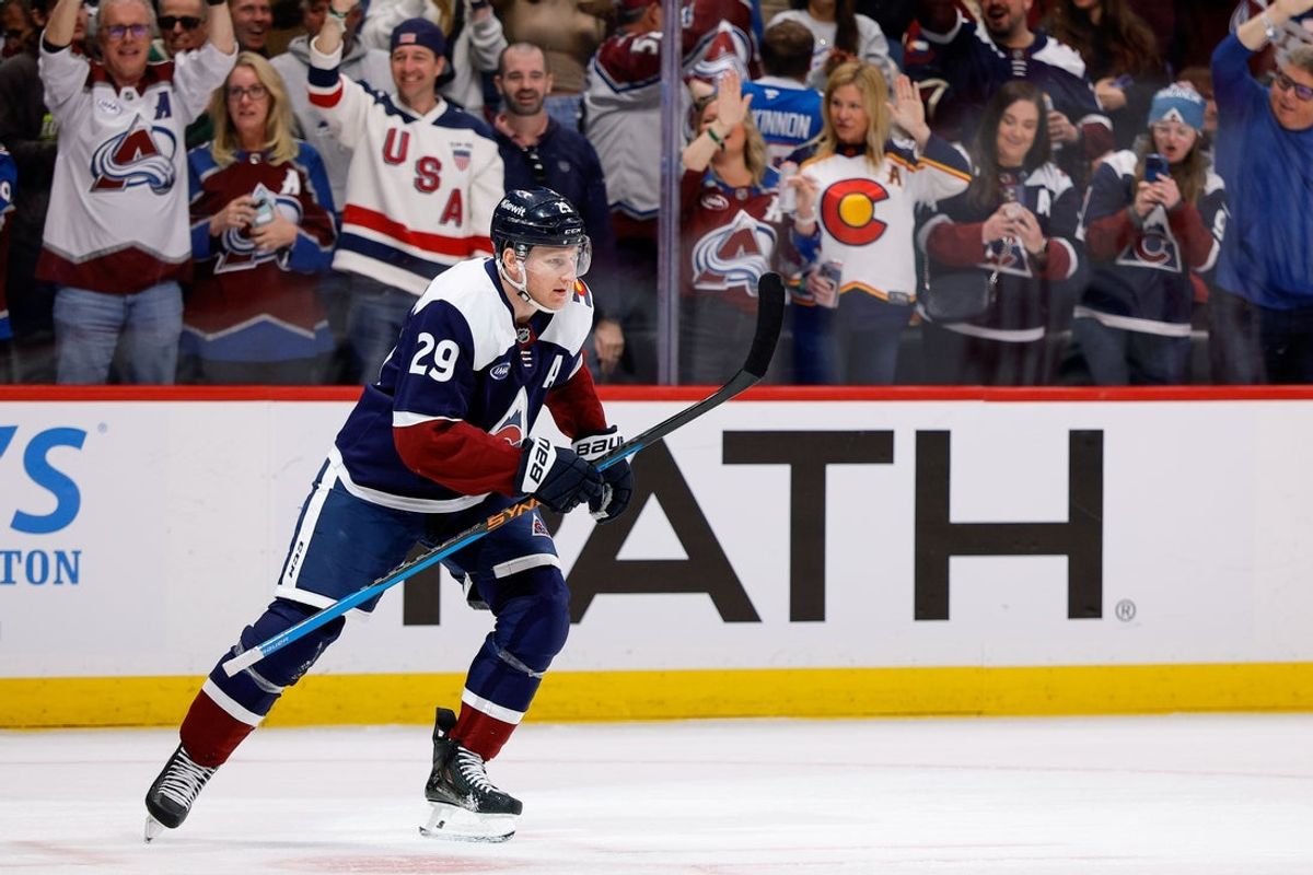 Mar 8, 2026; Denver, Colorado, USA; Colorado Avalanche center Nathan MacKinnon (29) after scoring a goal in the second period against the Minnesota Wild at Ball Arena. Mandatory Credit: Isaiah J. Downing-Imagn Images