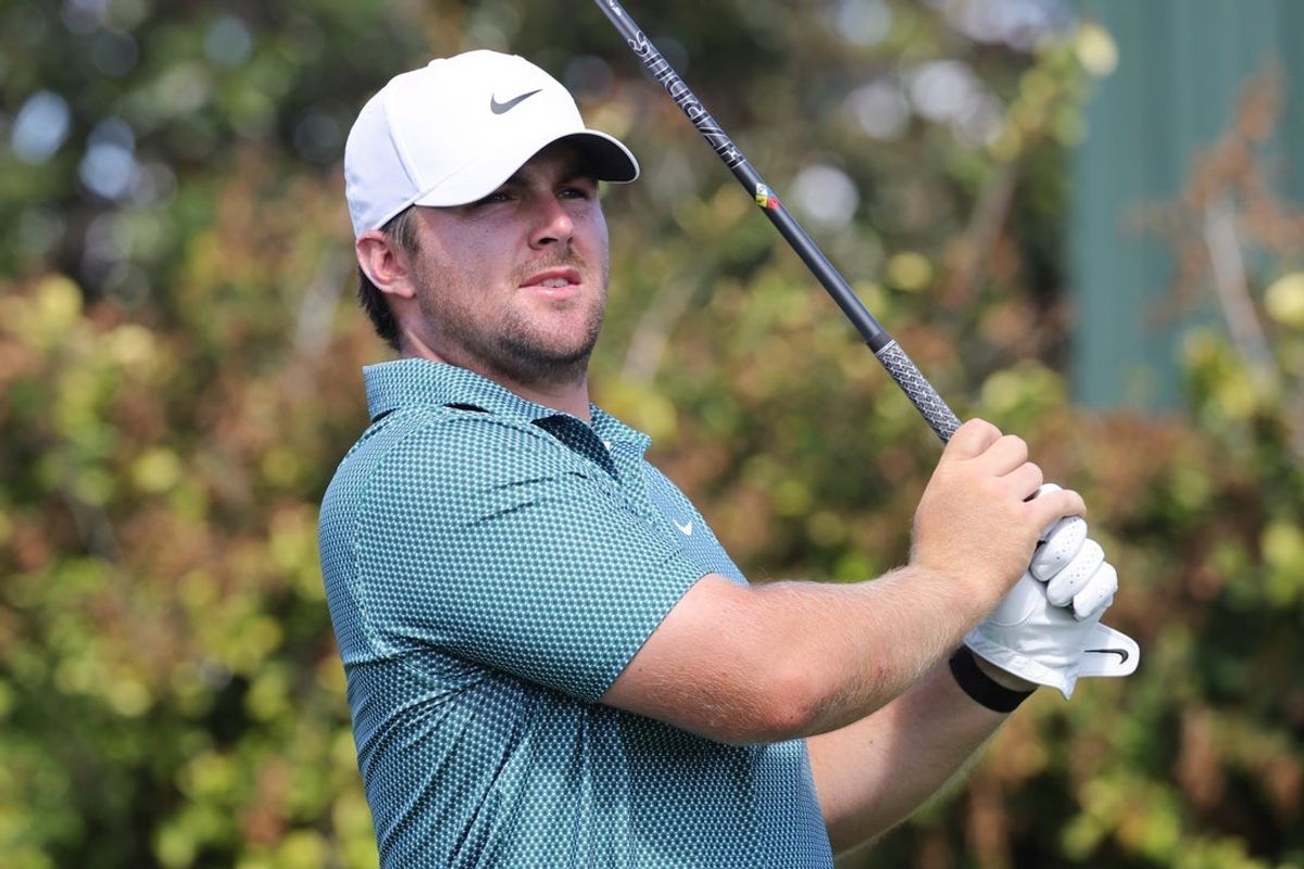 Mar 8, 2026; Orlando, Florida, USA;  Chris Gotterup plays his shot from the eighth tee during the final round of the Arnold Palmer Invitational golf tournament. Mandatory Credit: Reinhold Matay-Imagn Images