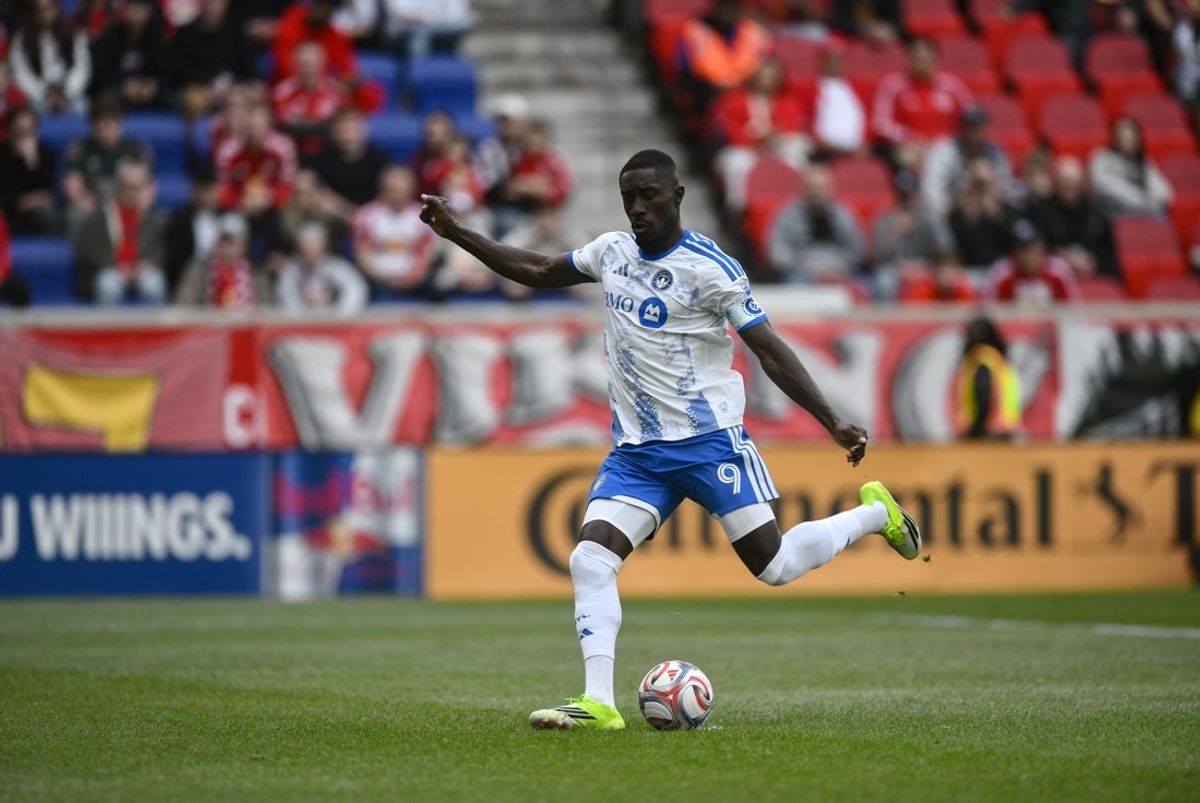 Mar 8, 2026; Harrison, New Jersey, USA; CF Montréal forward Prince Osei Owusu (9) scores on a penalty kick against Red Bull New York at Sports Illustrated Stadium. Mandatory Credit: John Jones-Imagn Images