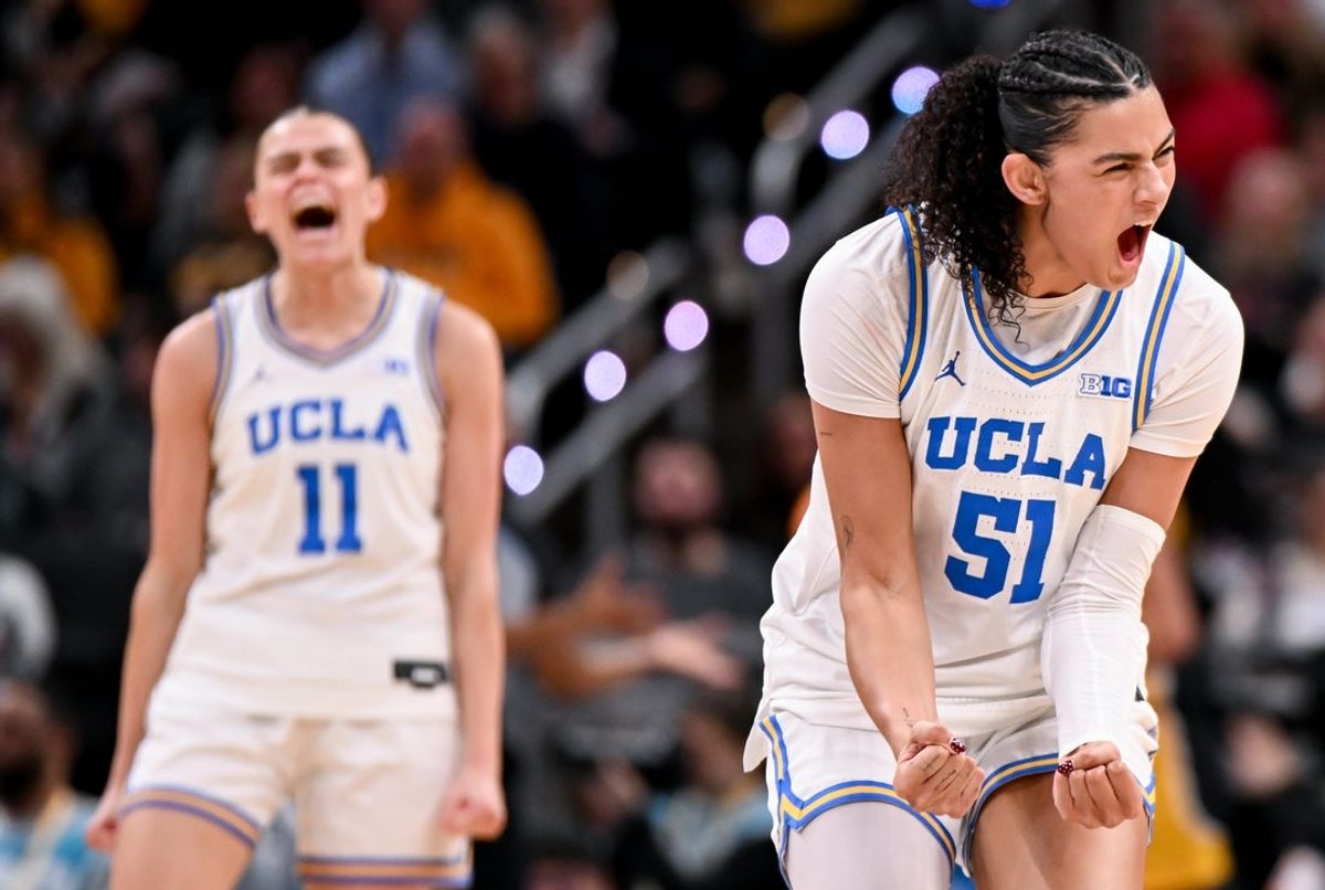Mar 8, 2026; Indianapolis, IN, USA; UCLA Bruins center Lauren Betts (51) celebrates after a play against the Iowa Hawkeyes during the second half at Gainbridge Fieldhouse. Mandatory Credit: Robert Goddin-Imagn Images