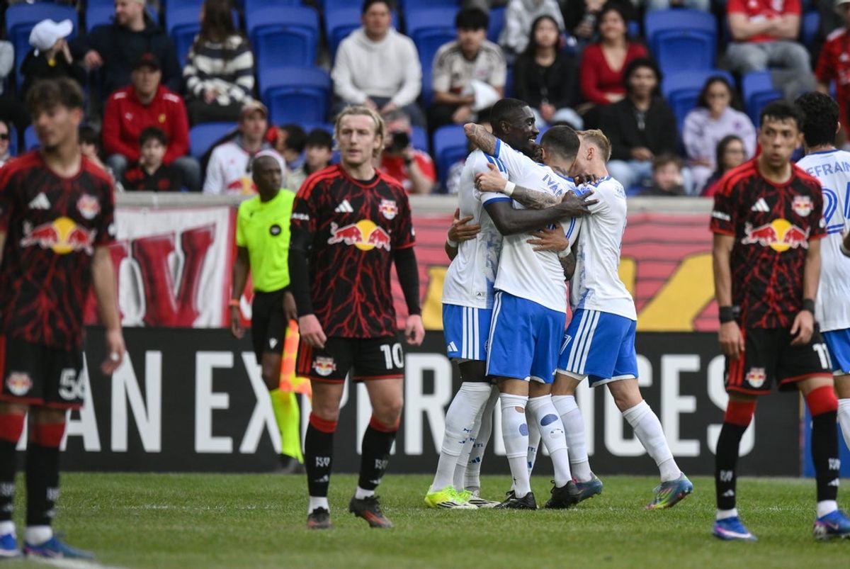 Mar 8, 2026; Harrison, New Jersey, USA; CF Montréal midfielder Wikelman Carmona (16) celebrates with teammates after scoring a goal against Red Bull New York during the first half at Sports Illustrated Stadium. Mandatory Credit: John Jones-Imagn Images