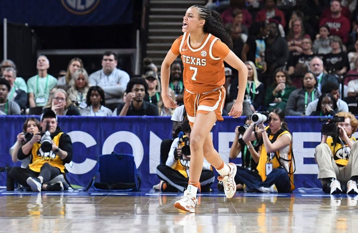 Texas Longhorns guard Jordan Lee (7) celebrates after scoring Sunday, March 8, 2026, during the SEC Women's Basketball Tournament Championship game against the South Carolina Gamecocks at Bon Secours Wellness Arena in Greenville, South Carolina.