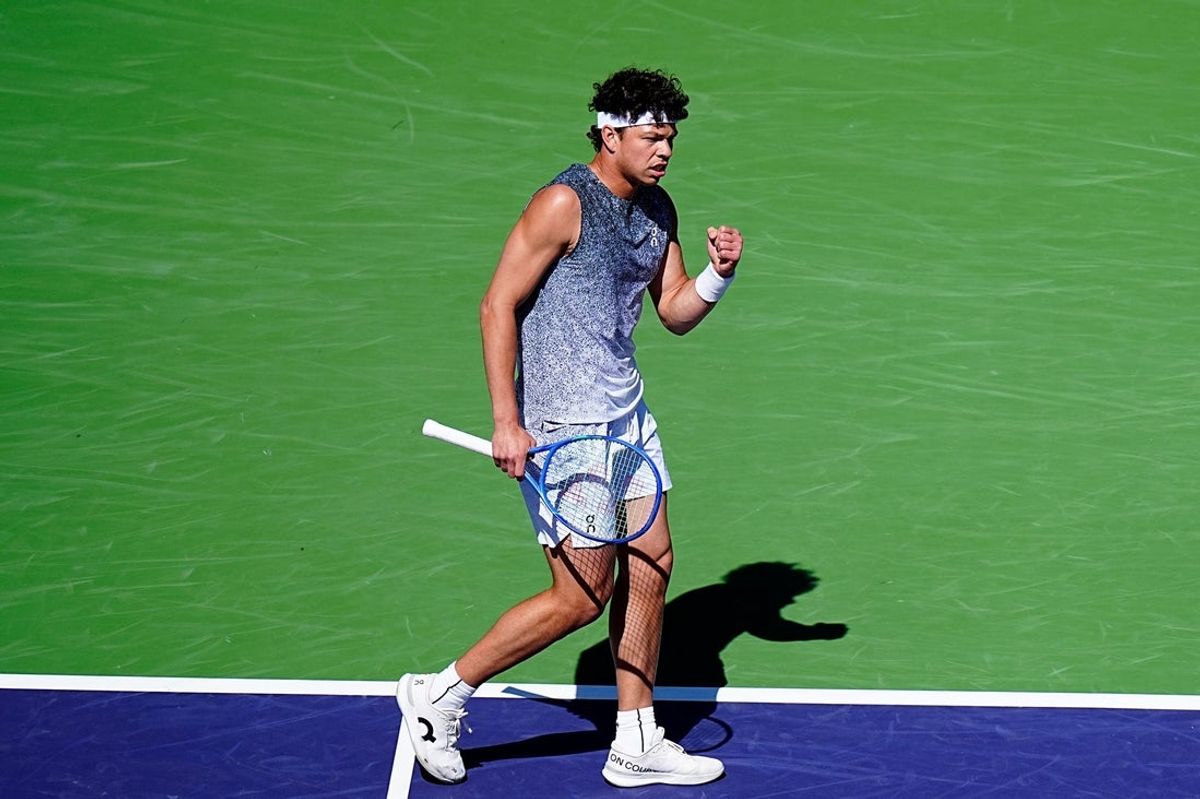 Ben Shelton celebrates a point during a BNP Paribas Open third-round match against Learner Tien at the Indian Wells Tennis Garden in Indian Wells, Calif., on March 8, 2026.