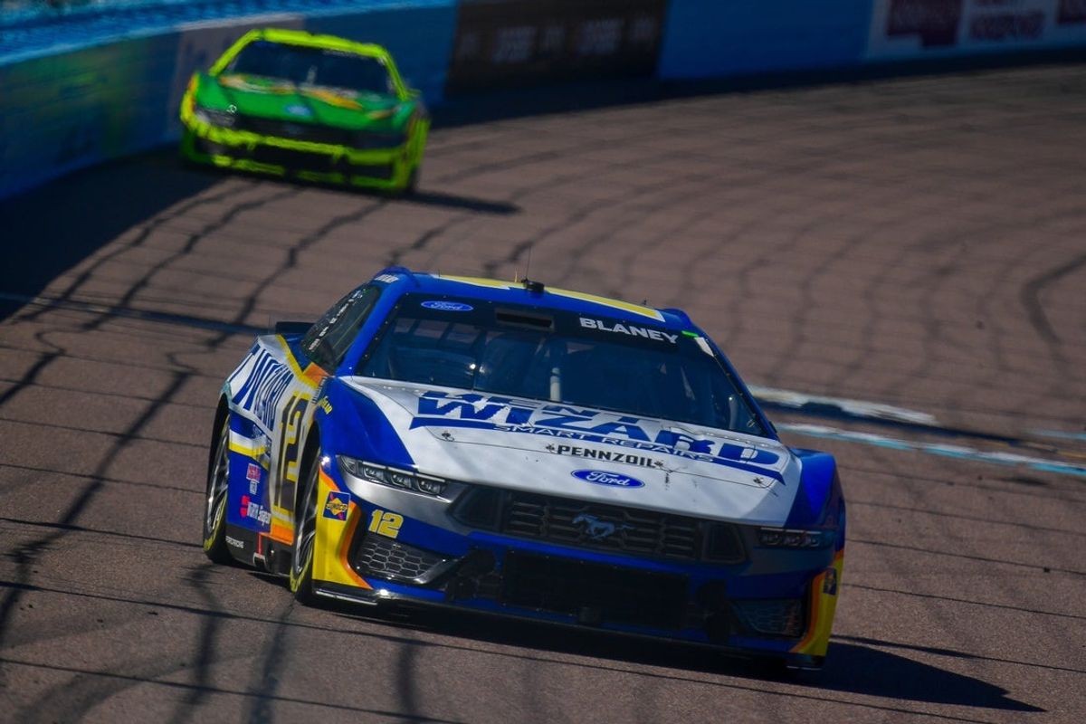 Mar 8, 2026; Avondale, Arizona, USA; Team Penske driver Ryan Blaney (12) during the Straight Talk Wireless 500 at Phoenix Raceway. Mandatory Credit: Gary A. Vasquez-Imagn Images