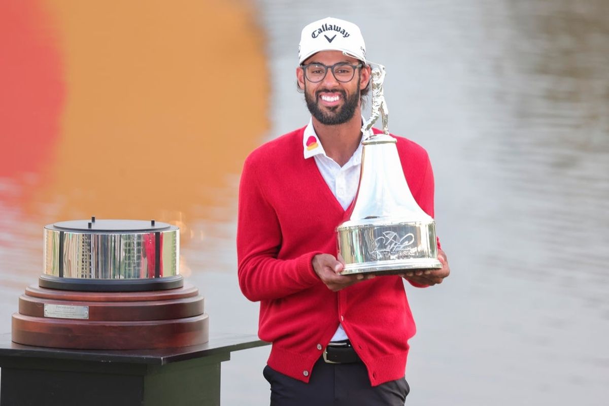 Mar 8, 2026; Orlando, Florida, USA;  Akshay Bhatia celebrates his win on the 18th green after a playoff victory in the Arnold Palmer Invitational golf tournament. Mandatory Credit: Reinhold Matay-Imagn Images